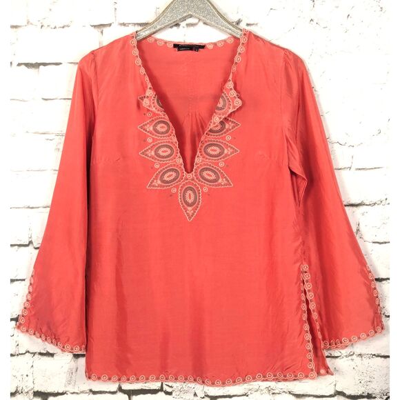 BCBGMAXAZRIA 100% Silk Floral Embroidered Tunic Top Boho Cottage Hippie Small - Picture 1 of 7
